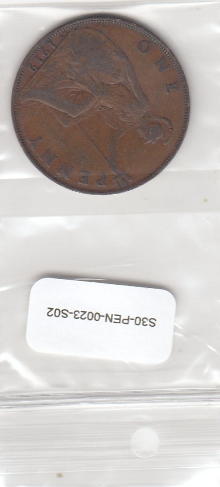 S30-PEN-0023-S02 United Kingdom 1 Penny VF 1919 KM810 KN rare!!