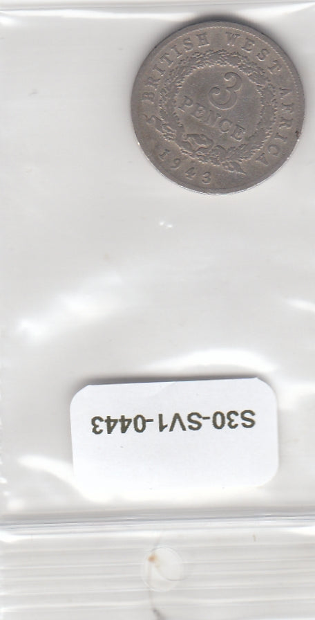 S30-SV1-0443 British West Africa 3 Pence FI/VF 1943 KM21 KN