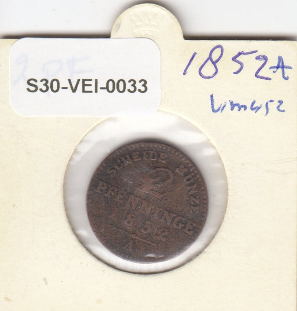 S30-VEI-0033 Germany - Prusia 2 Pfennige VF 1852 KM452 A