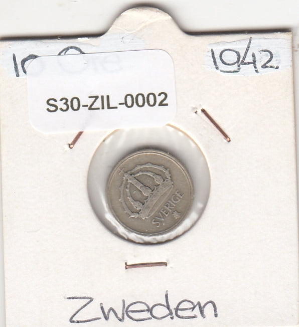 S30-ZIL-0002 Sweden 10 Ore VF 1942 KM780 G zilver