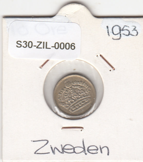 S30-ZIL-0006 Sweden 10 Ore VF 1953 KM823 TS zilver