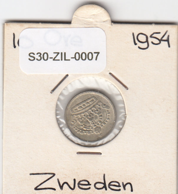 S30-ZIL-0007 Sweden 10 Ore VF 1954 KM823 TS zilver