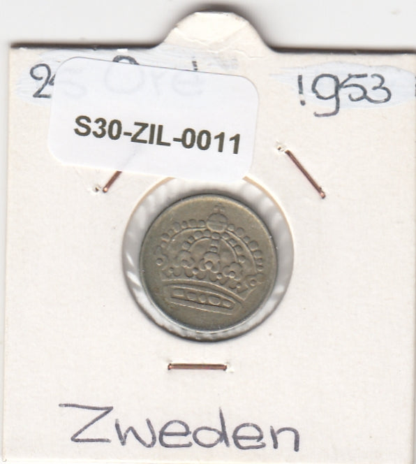 S30-ZIL-0011 Zweden 25 Öre VF 1953 KM824   zilver