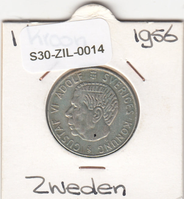 S30-ZIL-0014 Sweden 1 Krona VF 1956 KM826 TS zilver