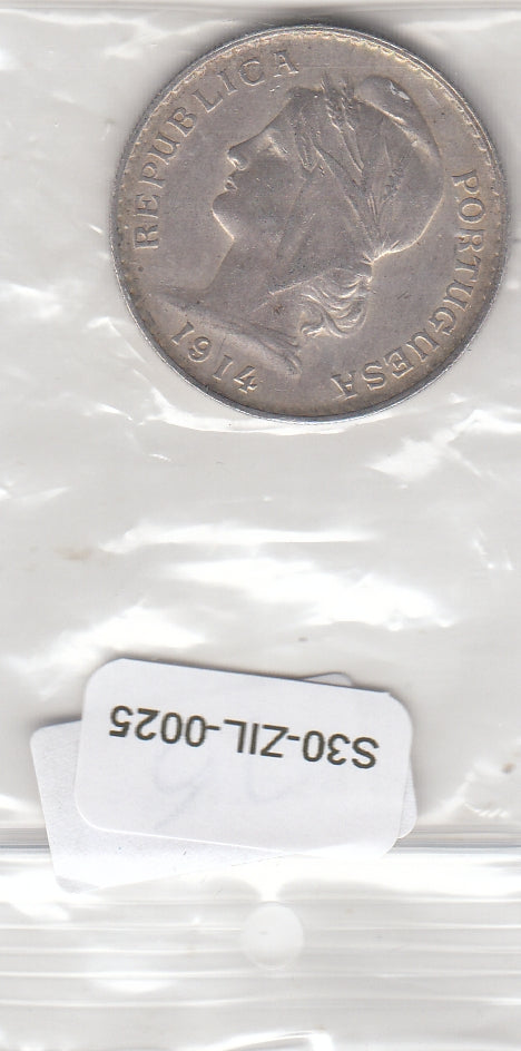 S30-ZIL-0025 Portugal 50 Centavos VF 1914 KM561 zilver