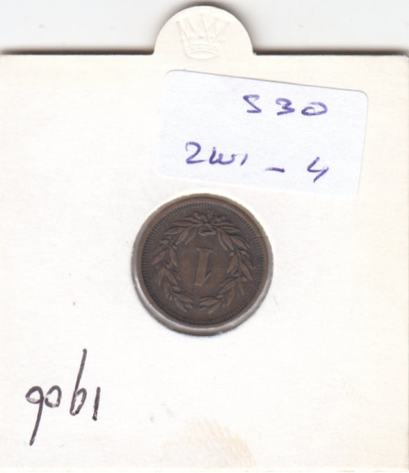 S30-ZWI-0004 Switzerland 1 Rappen  VF/XF 1906 KM3