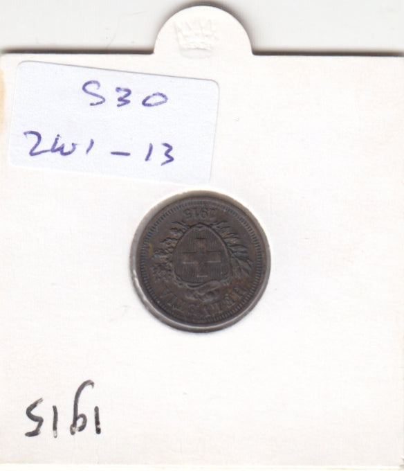 S30-ZWI-0013 Switzerland 1 Rappen  VF/XF 1915 KM3