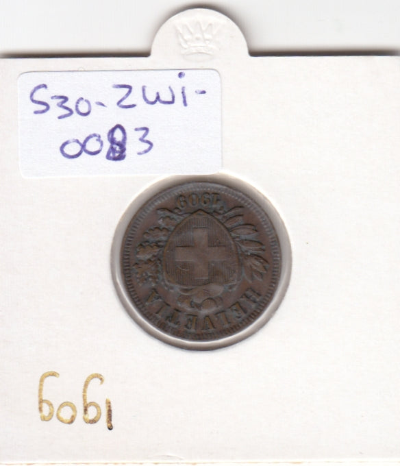 S30-ZWI-0083 Switzerland 2 Rappen XF 1909 KM4.2