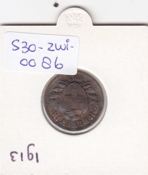 S30-ZWI-0086 Switzerland 2 Rappen XF 1913 KM4.2