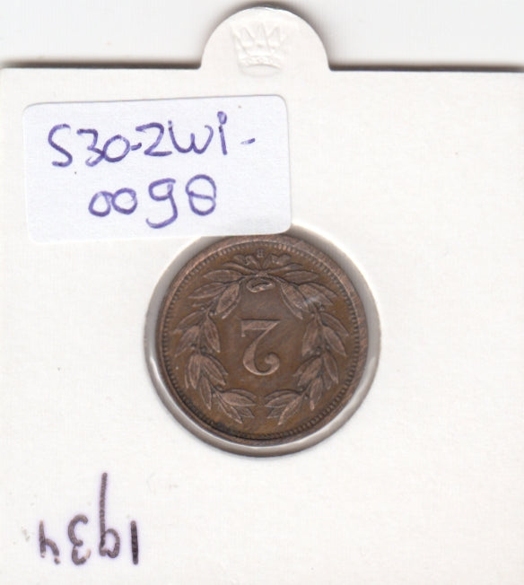 S30-ZWI-0098 Switzerland 2 Rappen XF 1934 KM42a