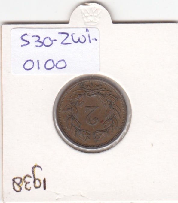 S30-ZWI-0100 Switzerland 2 Rappen XF 1938 KM42a