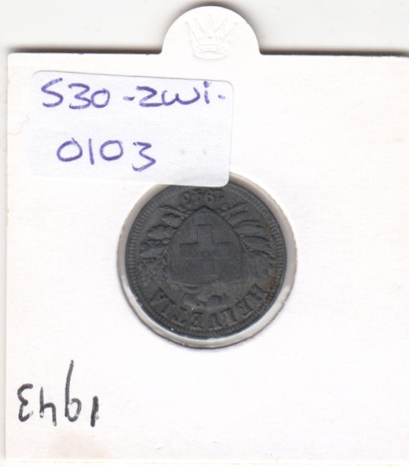 S30-ZWI-0103 Switzerland 2 Rappen VF/XF 1943 KM42b