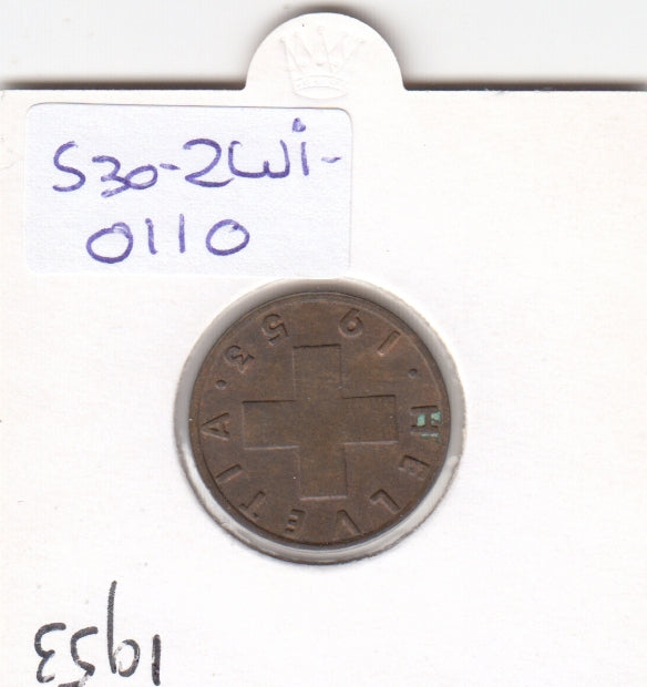 S30-ZWI-0110 Switzerland 2 Rappen VF/XF 1953 KM47