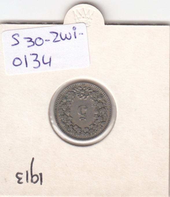 S30-ZWI-0134 Switzerland 5 Rappen VF 1913 KM# 26