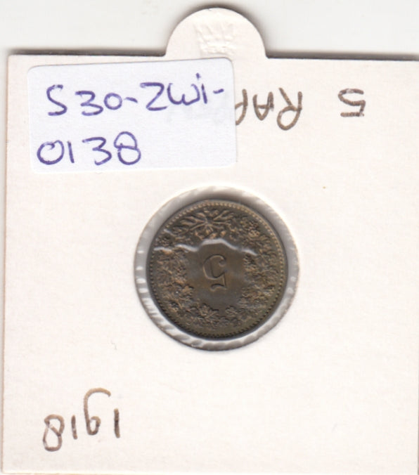 S30-ZWI-0138 Switzerland 5 Rappen XF 1918 KM# 26a