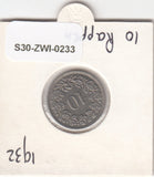 S30-ZWI-0233 Switzerland 10 Rappen VF 1932 KM# 27b