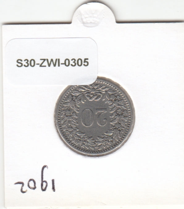 S30-ZWI-0305 Switzerland 20 Rappen VF 1902 KM# 29