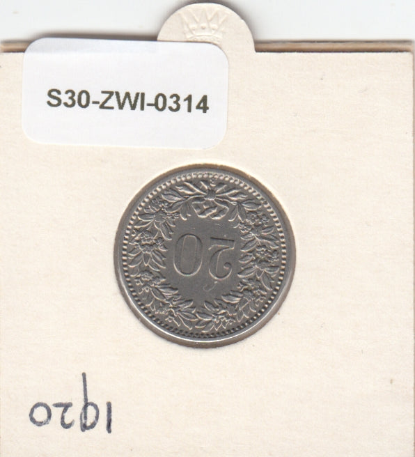 S30-ZWI-0314 Switzerland 20 Rappen VF 1920 KM# 29