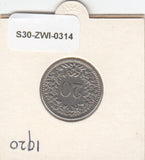 S30-ZWI-0314 Switzerland 20 Rappen VF 1920 KM# 29