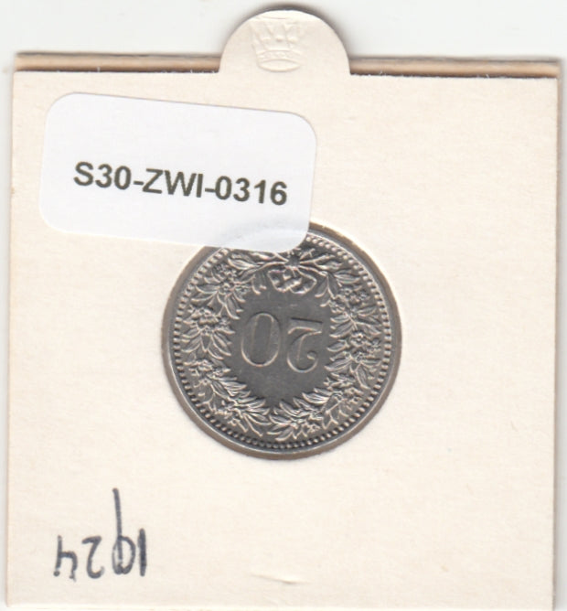 S30-ZWI-0316 Switzerland 20 Rappen XF 1924 KM# 29