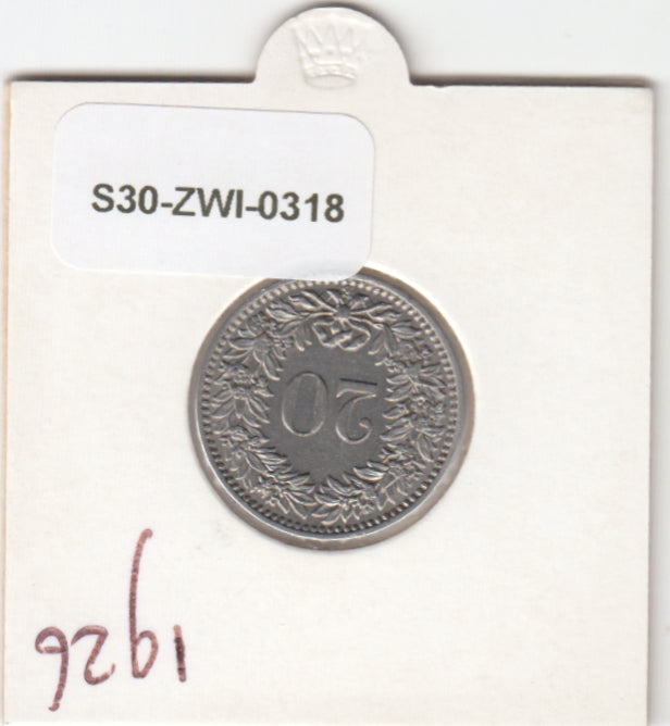 S30-ZWI-0318 Switzerland 20 Rappen XF 1926 KM# 29