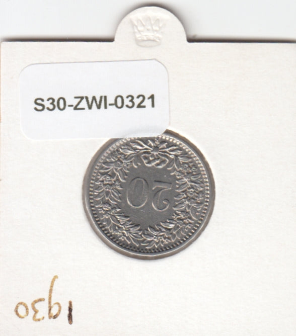 S30-ZWI-0321 Switzerland 20 Rappen XF 1930 KM# 29