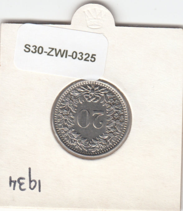 S30-ZWI-0325 Switzerland 20 Rappen XF 1934 KM# 29