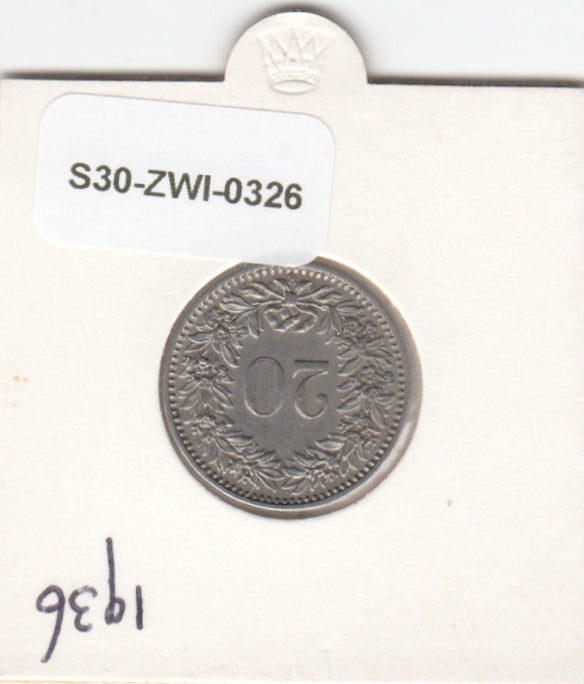 S30-ZWI-0326 Switzerland 20 Rappen VF 1936 KM# 29
