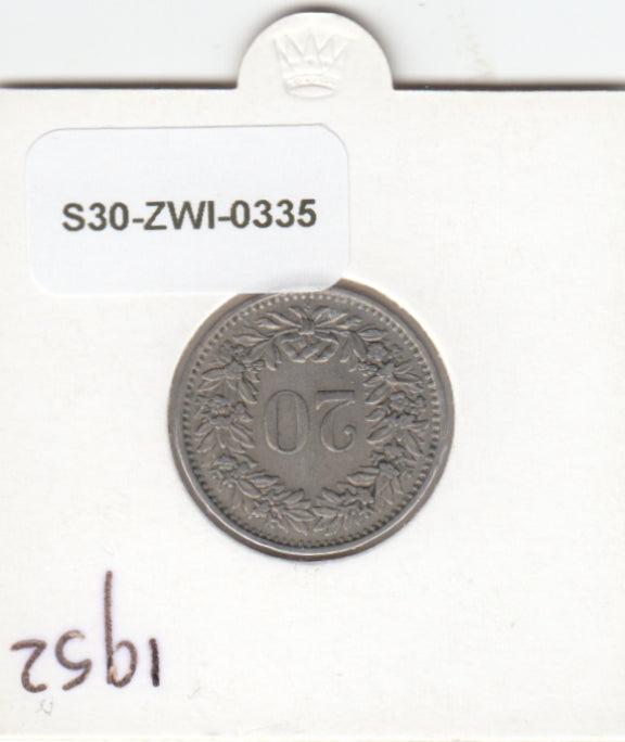 S30-ZWI-0335 Switzerland 20 Rappen VF 1952 KM# 29a