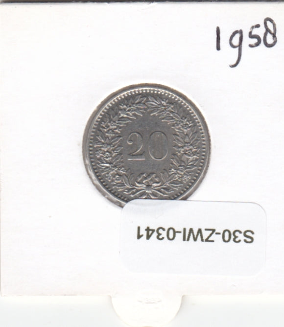 S30-ZWI-0341 Switzerland 20 Rappen VF 1958 KM# 29a