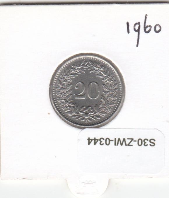 S30-ZWI-0344 Switzerland 20 Rappen XF 1960 KM# 29a