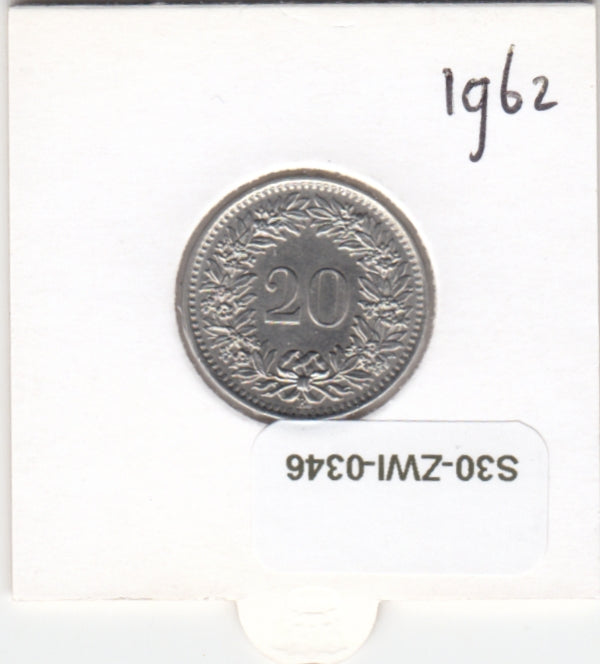 S30-ZWI-0346 Switzerland 20 Rappen AU 1962 KM# 29a