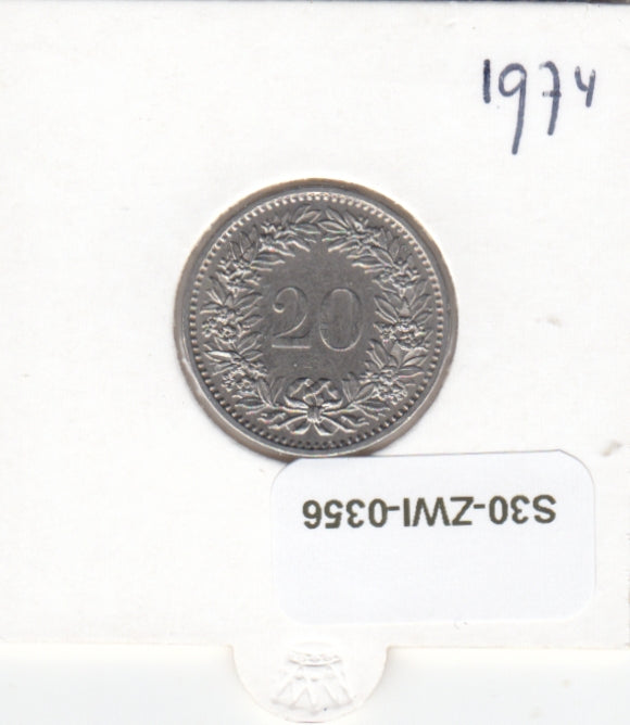 S30-ZWI-0356 Switzerland 20 Rappen XF 1974 KM# 29a