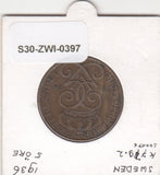 S30-ZWI-0397 Sweden 5 Ore VF 1936 KM779  Short 6