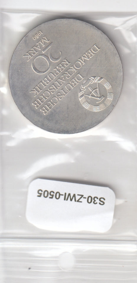 S30-ZWI-0505 Germany-DDR 20 Mark UNC 1980 KM78  Ernst Abbe zilver