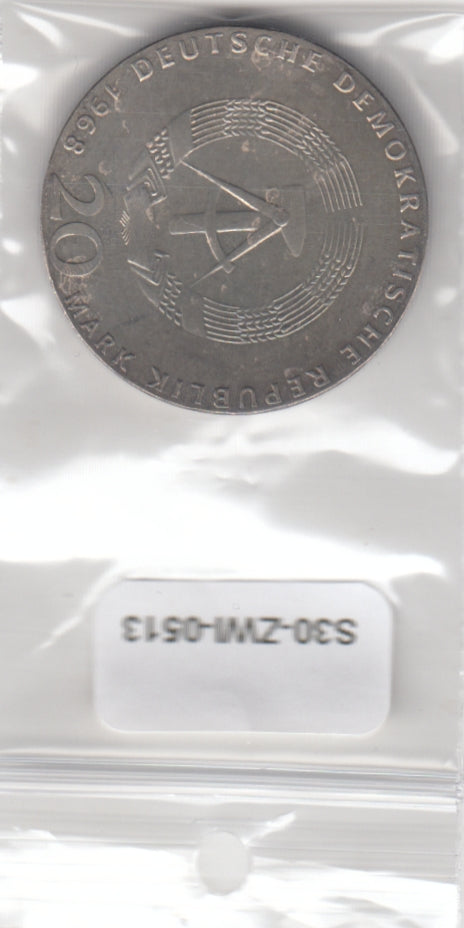 S30-ZWI-0513 Germany-DDR 20 Mark XF   1968 KM21  Karl Marx  zilver