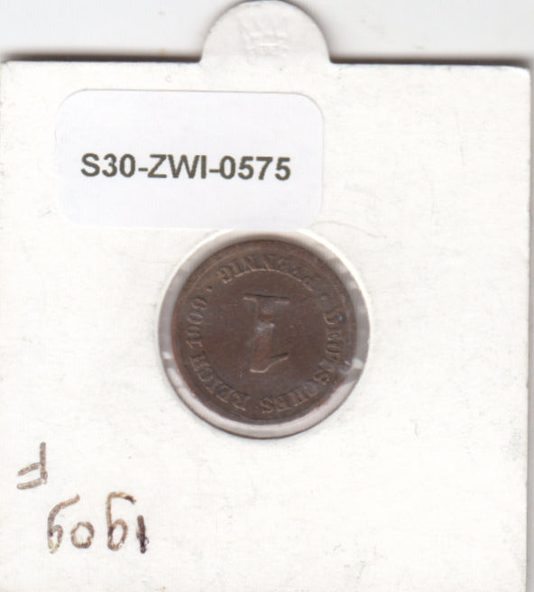 S30-ZWI-0575 Germany 1 Pfennig FI 1909 KM10 F