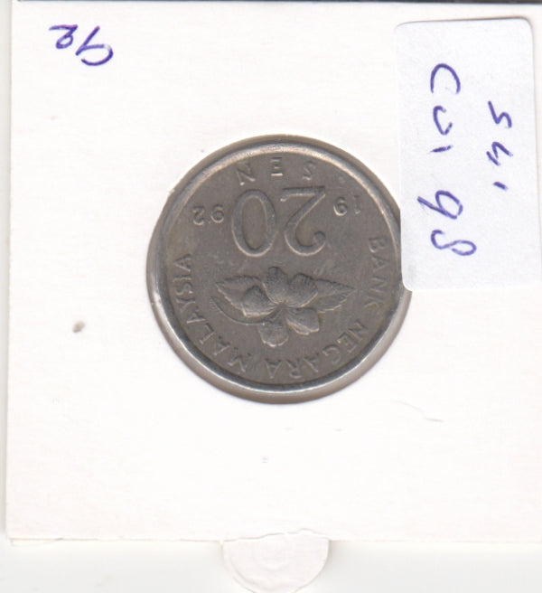 S41-C01-0098 Malaysia 20 Sen VF 1992 KM#52