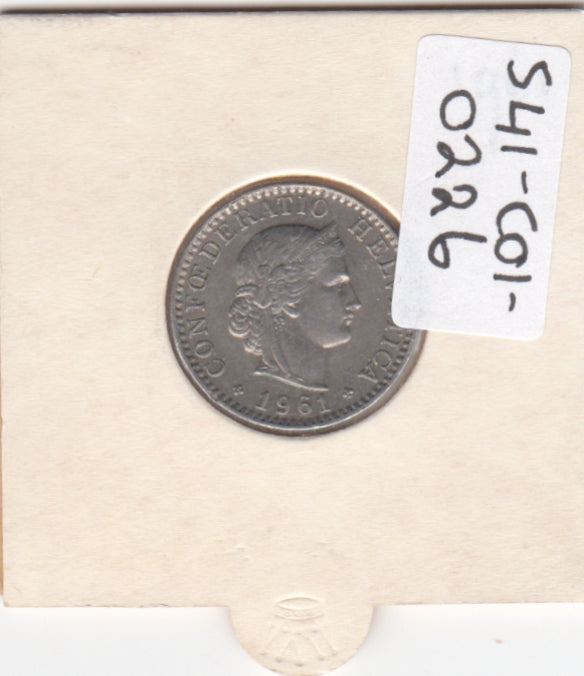 S41-C01-0226 Switzerland 20 Rappen VF 1961 Bern (B) Libertas head; copper-nickel type KM#29a