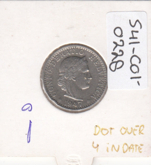 S41-C01-0228 Switzerland 20 Rappen VF 1947 Bern (B) Libertas head; copper-nickel type; holder note: dot over 4 in date KM#29a