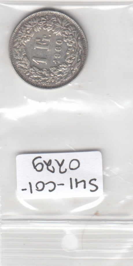S41-C01-0229 Switzerland 1 Franc VF 1960 Bern (B) Helvetia standing; silver type KM#24