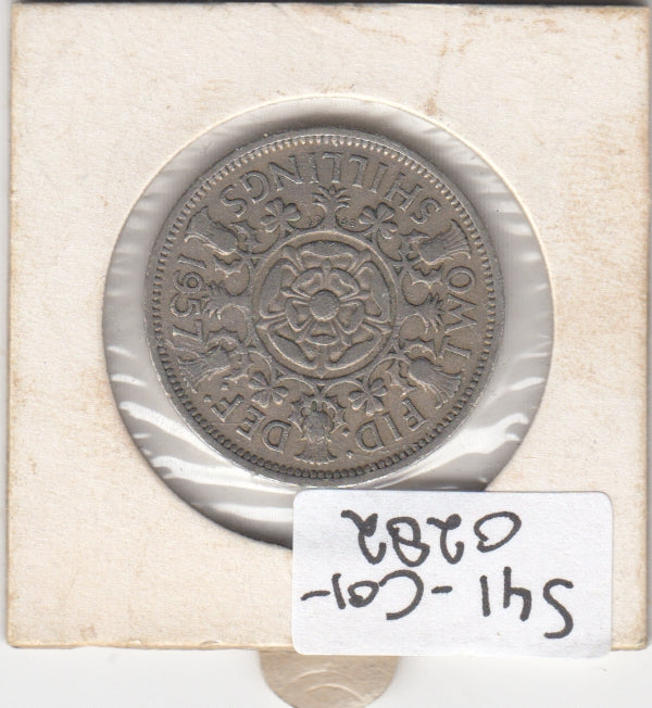 S41-C01-0282 United Kingdom 2 Shillings VF 1957  Elizabeth II 1st portrait; Tudor rose with thistle, shamrock and leek KM#906
