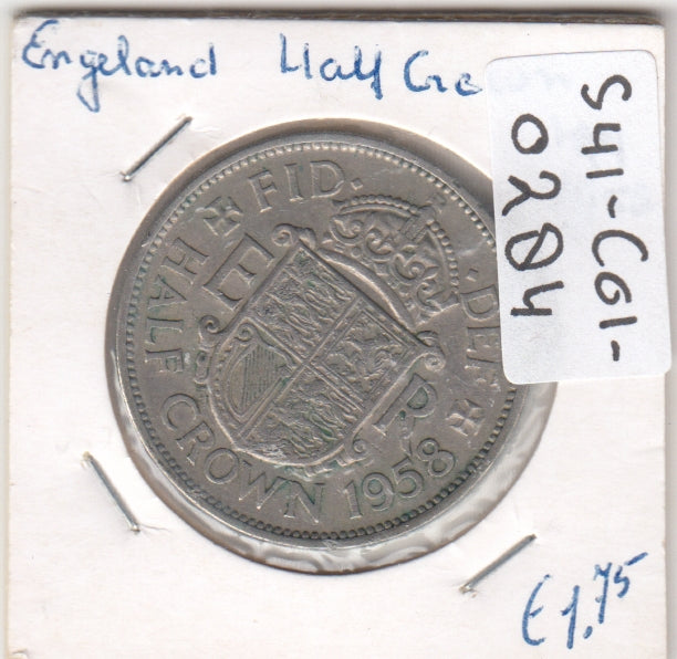 S41-C01-0284 United Kingdom 1/2 Crown VF/XF 1958  Elizabeth II 1st portrait; crowned quartered shield KM#907