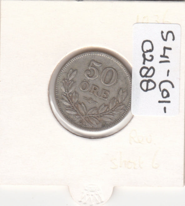 S41-C01-0288 Sweden 50 Ore VF 1936 Short 6!!! Zilver RARE!!! Gustaf V; three crowns shield KM#788