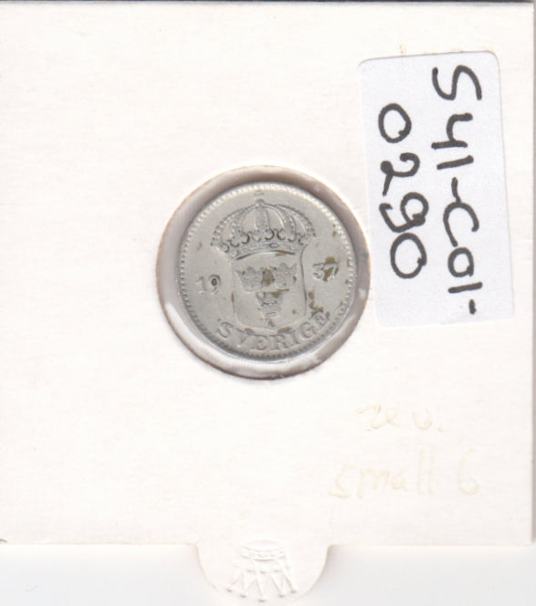 S41-C01-0290 Sweden 25 Ore VF 1937 G Not broken Small GZilver RARE!!! Gustaf V; three crowns shield KM#785