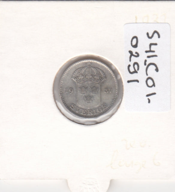 S41-C01-0291 Sweden 25 Ore VF 1937 G Not broken Large GZilver RARE!!! Gustaf V; three crowns shield KM#785