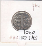 S41-C01-0307 Finland 1 Markka AU 1964  Lion arms; last silver markka KM#49