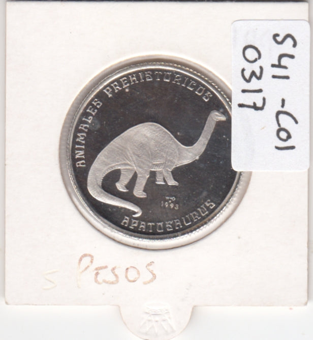 S41-C01-0317 Cuba 5 Pesos PROOF 1993 Zilver Prehistoric animals - Apatosaurus; proof KM#405