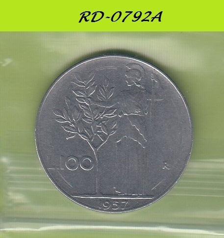 S8-RED-0792 Italy 100 LIRE 1957  VF KM96.1