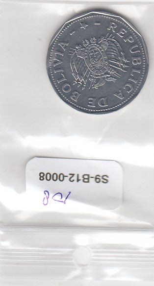 S9-B12-0108 Bolivia 2 Bolivianos AU 1991 KM206.1